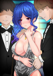 Rule 34 | 1girl, 2boys, absurdres, azur lane, backless dress, backless outfit, bag, bare shoulders, black bow, black suit, blue hair, blue nails, bow, bracelet, breasts, cleavage, closed mouth, collared shirt, commentary request, dress, earrings, evening gown, faceless, faceless male, formal, frown, grey dress, grin, halter dress, halterneck, handbag, hands on another&#039;s shoulder, highres, jewelry, large breasts, lazyparrot, multiple boys, nail polish, necklace, pink eyes, pink lips, plunging neckline, revealing clothes, shirt, side ponytail, sidelocks, silver dress, smile, st. louis (azur lane), st. louis (luxurious wheels) (azur lane), standing, suit, thighs