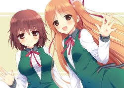 Rule 34 | 2girls, :d, blush, breasts, brown eyes, brown hair, closed mouth, commentary request, dress, eyes visible through hair, fuyuichi monme, green background, green dress, hair between eyes, hair ribbon, hand up, kita kyouko, kita mei, large breasts, long hair, long sleeves, looking at viewer, medium hair, multiple girls, one side up, open mouth, orange eyes, orange hair, parted bangs, puramai wars, red ribbon, ribbon, school uniform, shirt, siblings, simple background, sisters, sleeveless, sleeveless dress, small breasts, smile, spiked hair, straight hair, upper body, very long hair, waving, white background, white shirt