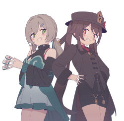 Rule 34 | black headwear, black shorts, black sweater, blush, braid, brown coat, brown hair, coat, commentary, detached sleeves, dress, english commentary, frank lee (dfgh132), genshin impact, green dress, green eyes, grin, hair flaps, hands on own hips, hat, highres, holding, holding mahjong tile, honkai: star rail, honkai (series), hu tao (genshin impact), long hair, long sleeves, low twintails, mahjong, mahjong tile, mihoyo, porkpie hat, qingque (honkai: star rail), red eyes, shorts, sidelocks, simple background, smile, sweater, talisman, tassel, twintails, very long hair, white background