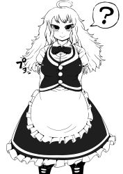 Rule 34 | 1girl, :&gt;, ?, ahoge, apron, arms behind back, boots, bow, bowtie, breast expansion, breasts, collared shirt, commentary, frilled apron, frilled skirt, frilled sleeves, frills, greyscale, highres, ichigo kotou, kirisame marisa, large breasts, long hair, long skirt, looking at viewer, messy hair, monochrome, no headwear, no headwear, puffy short sleeves, puffy sleeves, shirt, short sleeves, skirt, skirt set, solo, thick eyebrows, touhou, tsurime, vest, waist apron