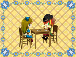 Rule 34 | 1boy, 1girl, alice liddell (kuni no alice), animal ears, apron, aqua eyes, blanket, blonde hair, boots, bow, brown hair, card, chair, cheese, chibi, dress, flower, food, game cg, green eyes, hair bow, hair over one eye, heart no kuni no alice, long hair, mouse ears, mouse tail, multicolored hair, official art, orange hair, pierce villiers, playing card, puffy sleeves, sitting, skirt, smile, streaked hair, sweat, table, tail