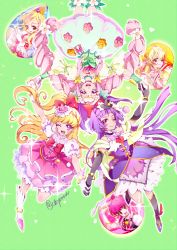 Rule 34 | 10s, 6+girls, aida mana, aino megumi, asahina mirai, black gloves, blonde hair, bow, braid, brooch, chiyo (rotsurechiriha), choker, cure felice, cure flora, cure heart, cure lovely, cure magical, cure miracle, dokidoki! precure, earrings, elbow gloves, flower, gloves, go! princess precure, green eyes, ha-chan (mahou girls precure!), hair bow, hair flower, hair ornament, half updo, hanami kotoha, happinesscharge precure!, haruno haruka, hat, heart, heart brooch, heart hair ornament, heart hands, izayoi liko, jewelry, long hair, looking at viewer, magical girl, mahou girls precure!, mini hat, mini witch hat, multicolored eyes, multicolored hair, multiple girls, one eye closed, open mouth, pink bow, pink eyes, pink hair, pink hat, ponytail, precure, puffy short sleeves, puffy sleeves, purple eyes, purple hair, ribbon, short sleeves, skirt, smile, streaked hair, twin braids, two-tone hair, white gloves, witch hat, wrist cuffs