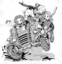 Rule 34 | absurdres, artist name, assam (girls und panzer), braid, closed eyes, commentary, cup, darjeeling (girls und panzer), dated, drinking, driving, english commentary, girls und panzer, greyscale, grin, gun, hair pulled back, hair ribbon, highres, holding, holding cup, jeep, long hair, long sleeves, looking at another, looking at viewer, looking to the side, machine gun, medium hair, military uniform, monochrome, motor vehicle, orange pekoe (girls und panzer), ponytail, ribbon, rosehip (girls und panzer), short hair, signature, smile, spilling, st. gloriana&#039;s military uniform, teacup, uniform, weapon, xg epee