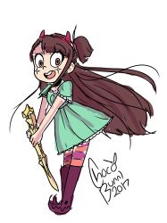 Rule 34 | 1girl, boots, brown hair, cosplay, dress, highres, kagari atsuko, little witch academia, long hair, pantyhose, solo, star butterfly, star butterfly (cosplay), star vs the forces of evil, striped clothes, striped pantyhose, wand, witch