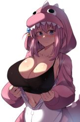 Rule 34 | 1girl, absurdres, black bra, blue eyes, blush, bocchi the rock!, bra, breasts, cleavage, closed mouth, collarbone, dinosaur costume, dinosaur hood, gotoh hitori, highres, hinghoi, huge breasts, long hair, looking at viewer, navel, onesie, partially undressed, pink hair, side ahoge, simple background, solo, sweat, underwear, unzipping, white background