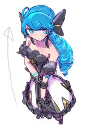 Rule 34 | 1girl, absurdres, ahoge, bare shoulders, black gloves, blue hair, bow, dress, drill hair, gloves, gwen (league of legends), highres, holding, league of legends, long hair, looking at viewer, monakan japan, non-web source, simple background, solo, standing, strapless, strapless dress, white background, white dress