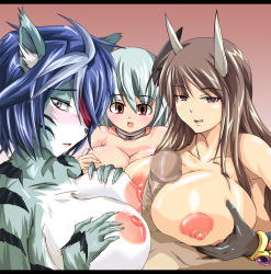 Rule 34 | 1boy, 3girls, blush, breasts, censored, character request, furry, horns, huge breasts, kloah, multiple girls, cooperative paizuri, nipples, nipples touching, paizuri, penis, source request