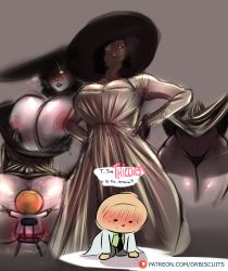 Rule 34 | 1boy, 1girl, absurdres, alcina dimitrescu, artist name, artist self-insert, belly, black hair, black panties, blush, breast press, breasts squeezed together, breasts, capcom, clothes, clothes lift, clothing cutout, doctor, domination, dr.biscuits, english text, gloves, hand on own hip, hat, highres, large breasts, legs, lips, lipstick, looking at another, looking down, makeup, nervous, nervous smile, nipples, panties, patreon username, resident evil, resident evil village, simple background, smile, tall female, teasing, text focus, thick thighs, thighhighs, thighs, underwear, vampire, yellow eyes