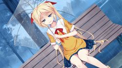 Rule 34 | 1girl, artist request, bench, blonde hair, breasts, character request, collarbone, dutch angle, game cg, half-closed eyes, holding, holding umbrella, long hair, long twintails, outdoors, petticoat, plaid, plaid skirt, rain, red ribbon, ribbon, sad, shirt, short sleeves, sitting, skirt, solo, source request, thigh gap, transparent, transparent umbrella, tree, twintails, umbrella, very long hair, yellow shirt