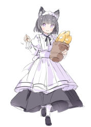 Rule 34 | 1girl, animal ear fluff, animal ears, apron, baguette, basket, bell, black footwear, black hair, black skirt, blush, bread, cat ears, commentary request, food, frilled apron, frills, full body, handbell, holding, holding basket, holding bell, juliet sleeves, komugi (wataame27), loafers, long sleeves, looking at viewer, original, pantyhose, parted lips, pleated skirt, puffy sleeves, purple eyes, shirt, shoes, simple background, skirt, smile, solo, standing, standing on one leg, wataame27, white apron, white background, white pantyhose, white shirt
