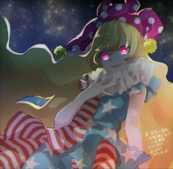 Rule 34 | 1girl, alternate hair length, alternate hairstyle, american flag dress, american flag legwear, artist name, blonde hair, clownpiece, commentary request, glowing, glowing eyes, grin, hand up, hat, highres, jester cap, long hair, mismatched pupils, neck ruff, one-hour drawing challenge, pantyhose, polka dot headwear, purple eyes, purple hat, ringed eyes, sharp teeth, short sleeves, smile, solo, star-shaped pupils, star (sky), star (symbol), starry background, symbol-shaped pupils, teeth, touhou, very long hair, yodosaki nitsu