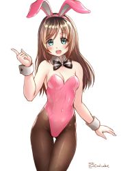 Rule 34 | 1girl, adapted costume, animal ears, arm up, artist name, black bow, black bowtie, blush, bow, bowtie, breasts, brown hair, brown pantyhose, cleavage, commentary, covered navel, cowboy shot, detached collar, english commentary, fake animal ears, finalcake, gluteal fold, green eyes, hairband, kizuna ai, kizuna ai inc., leotard, long hair, looking at viewer, medium breasts, multicolored hair, open mouth, pantyhose, pink hair, pink hairband, pink leotard, playboy bunny, rabbit ears, round teeth, simple background, sketch, solo, standing, strapless, strapless leotard, streaked hair, striped bow, striped bowtie, striped clothes, striped neckwear, swept bangs, teeth, thigh gap, two-tone hair, upper body, upper teeth only, virtual youtuber, white background, wrist cuffs