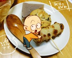 Rule 34 | :o, amazou, bald, bent over, chibita, facial mark, food, heart, heart in mouth, long sleeves, looking at viewer, notice lines, oden, open mouth, osomatsu-kun, photo background, plate, shirt, speech bubble, surprised, whisker markings, wooden spoon, yellow shirt