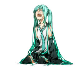 Rule 34 | 1girl, aqua hair, bad id, bad pixiv id, crying, detached sleeves, female focus, full body, hatsune miku, long hair, nashimura, necktie, open mouth, simple background, sitting, skirt, solo, tears, thighhighs, twintails, very long hair, vocaloid, white background