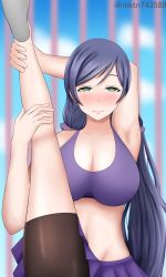 Rule 34 | 1girl, aqua eyes, artist name, artist request, bandeau, bare legs, bike shorts, black pants, black shorts, blue sky, blurry, blurry background, blush, breasts, cloud, collarbone, day, female focus, green eyes, hair ornament, hair scrunchie, heart, heart-shaped pupils, highres, holding leg, leg up, long hair, long twintails, looking at viewer, love live!, love live! school idol project, low twintails, medium breasts, outdoors, pants, parted lips, purple bandeau, purple hair, purple scrunchie, purple skirt, scrunchie, shorts, skirt, sky, smile, solo, symbol-shaped pupils, tojo nozomi, twintails