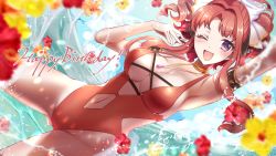 Rule 34 | 1girl, akino (princess connect!), akino (summer) (princess connect!), arm up, armlet, armpits, bare shoulders, blue sky, blush, bow, breasts, cleavage, clothing cutout, collarbone, flower, hair bow, happy birthday, highleg, highleg swimsuit, highres, jewelry, large breasts, long hair, looking at viewer, navel, navel cutout, neck ring, necklace, ocean, one-piece swimsuit, one eye closed, open mouth, parted bangs, pendant, ponytail, princess connect!, purple eyes, red hair, red one-piece swimsuit, rokico, sidelocks, sky, smile, solo, swimsuit, thighs, water, white bow