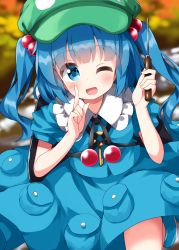 Rule 34 | 1girl, backpack, bag, blue eyes, blue footwear, blue hair, blue jacket, blue skirt, boots, collared jacket, flat cap, green hat, hair bobbles, hair ornament, hat, highres, holding, holding screwdriver, jacket, jewelry, kawashiro nitori, key, key necklace, knee boots, medium hair, necklace, one-hour drawing challenge, pocket, rubber boots, ruu (tksymkw), screwdriver, skirt, skirt set, solo, touhou, twintails, two side up