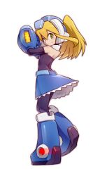 Rule 34 | 1girl, arm cannon, bingshan, black bodysuit, black sleeves, blonde hair, blue footwear, blue skirt, blush, bodysuit, boots, breasts, commentary request, cosplay, detached sleeves, from behind, green eyes, high ponytail, highres, looking at viewer, looking back, mega man (character), mega man (character) (cosplay), mega man (classic), mega man (series), mega man zx, roll (mega man), signature, skirt, small breasts, solo, weapon