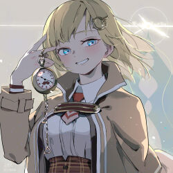 Rule 34 | 1girl, blonde hair, blue eyes, blush, breasts, brown background, brown coat, coat, collared shirt, commentary request, facing viewer, grin, hair ornament, hand up, highres, holding, holding pocket watch, hololive, hololive english, large breasts, long sleeves, looking ahead, medium hair, necktie, open clothes, open coat, open mouth, plaid, pocket watch, red necktie, shirt, shirt tucked in, smile, solo, teeth, tennohi, upper body, virtual youtuber, watch, watson amelia, white shirt