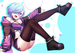 Rule 34 | 1girl, :d, anklet, bandeau, bare shoulders, black footwear, black jacket, black skirt, black thighhighs, blue background, blue hair, breasts, choker, circle, criss-cross halter, cross-laced footwear, foot up, glasses, gradient hair, hair over one eye, halterneck, head tilt, highres, hood, hood down, hooded jacket, indie virtual youtuber, jacket, jewelry, kitasaya ai, leg up, looking at viewer, microskirt, midriff, multicolored clothes, multicolored hair, multicolored jacket, nail polish, off shoulder, one eye covered, open clothes, open jacket, open mouth, original, outstretched arm, pencil skirt, pendant, purple-framed eyewear, purple bandeau, purple eyes, purple hair, purple jacket, purple nails, purple ribbon, ribbon, shoes, short hair, sitting, skindentation, skirt, sleeves past wrists, small breasts, smile, solo, strapless, thighhighs, triangle, tube top, two-tone hair, two-tone jacket, unzipped, virtual youtuber, white background