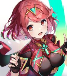 Rule 34 | 1girl, black gloves, breasts, chest jewel, earrings, fingerless gloves, gem, gloves, hair ornament, headpiece, highres, jewelry, large breasts, moruno mgmg, nintendo, pyra (xenoblade), red eyes, red hair, short hair, solo, swept bangs, tiara, xenoblade chronicles (series), xenoblade chronicles 2
