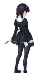 Rule 34 | 1girl, ankle boots, black dress, black footwear, black hair, black pantyhose, boots, commentary request, dress, foot out of frame, highres, holding, long sleeves, maid headdress, medium hair, na-ga, original, pantyhose, red eyes, short dress, simple background, solo, standing, white background