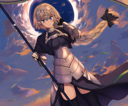 Rule 34 | 1girl, armor, armored dress, asato (fadeless), blonde hair, blue eyes, blush, bow, braid, breasts, capelet, cloud, cowboy shot, fate/apocrypha, fate/grand order, fate (series), gauntlets, hair bow, highres, jeanne d&#039;arc (fate), jeanne d&#039;arc (ruler) (fate), long hair, low-tied long hair, outdoors, single braid, sky, smile, solo, staff, thighhighs, very long hair
