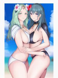 Rule 34 | 2girls, anesaki, beach, bikini, black bikini, blue hair, blue sky, breast press, breasts, byleth (female) (fire emblem), byleth (female) (summer) (fire emblem), byleth (fire emblem), closed mouth, day, fire emblem, fire emblem: three houses, fire emblem heroes, flower, green eyes, green hair, hair flower, hair ornament, hibiscus, highres, jewelry, large breasts, long hair, looking at viewer, multiple girls, necklace, nintendo, official alternate costume, pillarboxed, purple eyes, rhea (fire emblem), rhea (summer) (fire emblem), sky, smile, swimsuit, symmetrical docking, thighs, white bikini