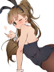 Rule 34 | 1girl, animal ears, bare shoulders, black hairband, black leotard, blowing kiss, blush, breasts, brown hair, brown pantyhose, closed mouth, collar, detached collar, fake animal ears, from side, green eyes, hairband, hand up, heart, highres, idolmaster, idolmaster cinderella girls, idolmaster cinderella girls starlight stage, karan, large breasts, leotard, long hair, looking at viewer, makihara shiho, one eye closed, pantyhose, playboy bunny, ponytail, rabbit ears, simple background, smile, solo, strapless, strapless leotard, white background, white collar, white wrist cuffs, wrist cuffs