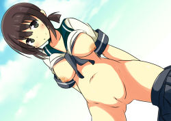 Rule 34 | 10s, 1girl, bad id, bad pixiv id, blush, breasts, breasts out, brown hair, cleft of venus, clothes lift, fubuki (kancolle), kantai collection, large breasts, looking at viewer, naruse mai, navel, nipples, puffy nipples, pussy, school uniform, serafuku, shirt, shirt lift, smile, solo, uncensored