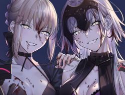 Rule 34 | 2girls, artoria pendragon (all), artoria pendragon (fate), avenger class (fate), blonde hair, blood, blood on chest, blood on clothes, blood on face, blue background, blush, braid, breasts, cleavage, collarbone, excalibur morgan (fate), fate/grand order, fate (series), french braid, hand on another&#039;s shoulder, headphones, highres, jeanne d&#039;arc (fate), jeanne d&#039;arc alter (avenger) (fate), jeanne d&#039;arc alter (avenger) (third ascension) (fate), jeanne d&#039;arc alter (fate), large breasts, long hair, looking at viewer, medium breasts, multiple girls, nipi27, saber alter, saber class (fate), slit pupils, smile, torn clothes, upper body