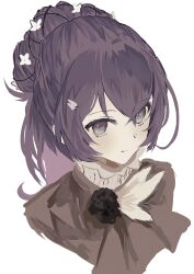 Rule 34 | 1girl, absurdres, black eyes, black jacket, blue hair, bungou stray dogs, closed mouth, flower, hair flower, hair ornament, highres, izumi kyouka (bungou stray dogs), jacket, jellyfish sz, long hair, looking at viewer, ponytail, portrait, simple background, smile, solo, turtleneck, white background