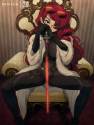 Rule 34 | 1girl, armchair, between breasts, black bodysuit, bluethebone, bodysuit, breasts, cape, chair, commentary, english commentary, eyebrows, eyewear on head, feet out of frame, fur cape, hair over one eye, highres, indoors, kirijou mitsuru, large breasts, long hair, looking at viewer, persona, persona 3, red-tinted eyewear, red eyes, red hair, retro artstyle, sitting, solo, spread legs, striped wall, sword, tinted eyewear, weapon