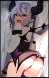 Rule 34 | 1girl, absurdres, against wall, ass, black dress, black panties, braid, demon horns, detached sleeves, dress, from behind, grey hair, hand on own ass, highres, hololive, horns, la+ darknesss, long hair, looking back, mashiro io, multicolored hair, open mouth, panties, pointy ears, purple thighhighs, short dress, single thighhigh, solo, streaked hair, tears, thighhighs, thighs, twintails, underwear, very long hair, virtual youtuber, white sleeves, yellow eyes