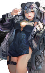 Rule 34 | 1girl, :d, animal ears, arknights, arm up, black dress, black jacket, breasts, cleavage, cleavage cutout, clothing cutout, covered navel, cowboy shot, dress, eyewear on head, feater (arknights), gold trim, grey hair, highres, jacket, large breasts, long hair, looking at viewer, mechanical arms, multicolored hair, open clothes, open jacket, open mouth, orange eyes, panda ears, puffy sleeves, round eyewear, short dress, side slit, single mechanical arm, sl86, sleeveless, sleeveless dress, smile, solo, standing, sunglasses, sunglasses on head, thighs, twintails, two-tone hair, v