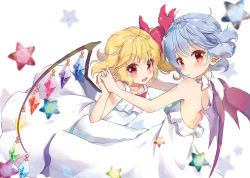 Rule 34 | 2girls, :d, backless dress, backless outfit, bare arms, bare back, bare shoulders, bat wings, beni kurage, blonde hair, blue hair, blush, bow, commentary request, crystal, dress, flandre scarlet, hair bow, halterneck, highres, holding hands, looking at viewer, multiple girls, no headwear, one side up, open mouth, pointy ears, red bow, red eyes, remilia scarlet, short hair, siblings, simple background, sisters, sleeveless, sleeveless dress, smile, star (symbol), touhou, white background, white dress, wings