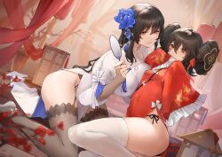 Rule 34 | 2girls, absurdres, black hair, blue flower, breast press, breasts, bridal gauntlets, brown thighhighs, china dress, chinese clothes, double bun, dress, flats, flower, garter belt, garter straps, girls&#039; frontline, hair bun, hair flower, hair ornament, hand fan, highres, lace, lace-trimmed legwear, lace trim, long hair, long sleeves, mole, mole under eye, multiple girls, official alternate costume, panties, paper fan, pelvic curtain, red dress, red eyes, side-tie panties, sleeves past fingers, sleeves past wrists, small breasts, sumi (rainsun02), thighhighs, type 95 (girls&#039; frontline), type 95 (narcissus) (girls&#039; frontline), type 97 (girls&#039; frontline), type 97 (peony) (girls&#039; frontline), underwear, very long hair, white dress, white thighhighs, yellow eyes
