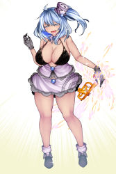 Rule 34 | 1girl, :d, absurdres, ahoge, aoshima, bare arms, bare legs, bare shoulders, bikini, bikini top only, black bikini, blue eyes, blue hair, brooch, commentary request, detached collar, full body, gloves, grey footwear, grey gloves, hair between eyes, hand up, hat, highres, instrument, jewelry, looking at viewer, merlin prismriver, mini hat, mini top hat, miniskirt, one side up, open mouth, shoes, short hair, skirt, smile, socks, solo, standing, swimsuit, thighs, top hat, touhou, trumpet, white background, white hat, white skirt, white socks