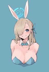 Rule 34 | 1girl, animal ears, asuna (blue archive), asuna (bunny) (blue archive), bare shoulders, blue archive, blue background, blue eyes, blue halo, blue ribbon, breasts, brown hair, commentary request, fake animal ears, hair ribbon, halo, highres, large breasts, leotard, long hair, looking at viewer, mole, mole on breast, official alternate costume, playboy bunny, rabbit ears, ribbon, simple background, smile, solo, taipe pepe, upper body