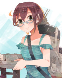 Rule 34 | 10s, 1girl, adapted costume, alternate costume, bare arms, bare shoulders, blue-framed eyewear, brown hair, casual one-piece swimsuit, glasses, green eyes, itomugi-kun, kantai collection, machinery, multicolored hair, okinami (kancolle), one-piece swimsuit, short hair, smile, solo, strap slip, swimsuit