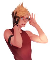 Rule 34 | 1boy, adjusting eyewear, armband, bare shoulders, blonde hair, blue eyes, final fantasy, final fantasy xv, freckles, gloves, looking to the side, lower teeth only, male focus, open mouth, prompto argentum, rachel huey, red shirt, shirt, short hair, single glove, sleeveless, sleeveless shirt, solo, spiked hair, swept bangs, tank top, teeth, upper body, upper teeth only, white background
