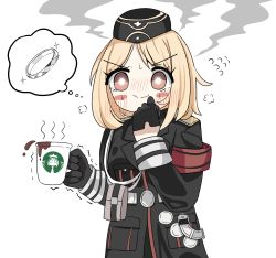 Rule 34 | 1girl, absurdres, armband, black gloves, black hat, black jacket, blonde hair, blush, blush stickers, coffee, coffee mug, commentary, commission, cup, english commentary, garrison cap, girls&#039; frontline, gloves, half gloves, hat, highres, holding, holding cup, jacket, jewelry, long sleeves, military, military jacket, military uniform, mp40 (girls&#039; frontline), mug, pixiv commission, print mug, ring, senlong45, short hair, smile, solo, sparkle, thought bubble, uniform, wedding band, wehrmacht, yellow eyes