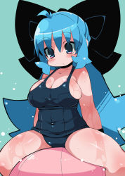 Rule 34 | 1girl, blue eyes, blue hair, blush, bow, breasts, female focus, hair bow, highres, large bow, large breasts, long hair, matching hair/eyes, mizuki, old school swimsuit, one-piece swimsuit, original, parted lips, plump, school swimsuit, simple background, solo, swimsuit, wet, zankuro