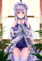 Rule 34 | 1girl, alternate costume, arm guards, azur lane, backlighting, bare shoulders, belfast (azur lane), black dress, blue one-piece swimsuit, blurry, blush, braid, breasts, chain, clothes lift, collar, collarbone, curtains, depth of field, dress, dress lift, french braid, frilled dress, frills, gloves, gluteal fold, hand on own chest, indoors, koyuki (kotatsu358), large breasts, lifted by self, light frown, long hair, long sleeves, looking at viewer, maid headdress, nose blush, off shoulder, one-piece swimsuit, purple eyes, school swimsuit, silver hair, skindentation, solo, standing, swimsuit, swimsuit under clothes, thigh gap, thighhighs, white gloves, white thighhighs, window