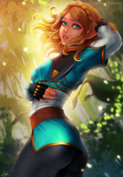 Rule 34 | 1girl, ass, blonde hair, blue eyes, breasts, forest, from behind, hair ornament, hairclip, hand up, leggings, looking at viewer, nature, nintendo, princess zelda, short hair, solo, standing, the legend of zelda, the legend of zelda: breath of the wild, tree