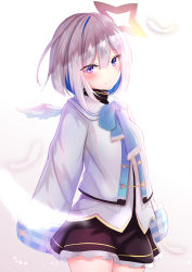 Rule 34 | 1girl, amane kanata, angel wings, armband, black skirt, blue bow, blue hair, blue neckwear, bob cut, bow, colored inner hair, cowboy shot, eyes visible through hair, feathers, frilled skirt, frills, hair between eyes, hair ornament, halo, highres, hololive, jacket, long sleeves, looking at viewer, multicolored hair, purple eyes, short hair, silver hair, simple background, single hair intake, skirt, sleeves past fingers, sleeves past wrists, smile, solo, standing, star halo, streaked hair, virtual youtuber, white background, white jacket, wings, yuano