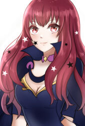 Rule 34 | 1girl, blue cape, breasts, cape, choker, cleavage, closed mouth, eyelashes, facial mark, fire emblem, fire emblem engage, hair ornament, high collar, konoka624, long hair, medium breasts, nintendo, pink choker, pink eyes, red hair, simple background, smile, solo, split mouth, star (symbol), star facial mark, star hair ornament, upper body, white background, yunaka (fire emblem)
