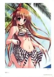 Rule 34 | 1girl, absurdres, alpeggio, amane sou, barefoot, bikini, blush, breasts, brown hair, cleavage, clothes lift, day, front-tie top, green eyes, highres, kitami chisato, long hair, medium breasts, navel, open mouth, palm tree, sarong, sarong lift, solo, striped bikini, striped clothes, striped sarong, swimsuit, thigh gap, tree