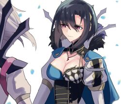 Rule 34 | 1boy, 1girl, 2sirokma0930, asymmetrical clothes, black hair, breasts, brother and sister, capelet, cleavage, cleavage cutout, closed mouth, clothing cutout, fire emblem, fire emblem engage, fur trim, high collar, jewelry, long sleeves, medium breasts, necklace, nel (fire emblem), nil (fire emblem), nintendo, out of frame, purple eyes, short hair, siblings