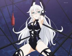 Rule 34 | 10s, 1girl, angry, aqua eyes, armpits, arms up, bdsm, between breasts, black gloves, black heart (neptunia), black thighhighs, blurry, blush, bodysuit, bondage, bound, bound arms, bound legs, breast bondage, breasts, cable, cleavage, cleavage cutout, clothing cutout, cowboy shot, depth of field, elbow gloves, gloves, green eyes, hair between eyes, halterneck, hip focus, leotard, long hair, looking at viewer, magical girl, neptune (series), noire (neptunia), restrained, rope, screencap, sideboob, solo, spread legs, suspension, thighhighs, thighs, turtleneck, very long hair, watermark, white hair